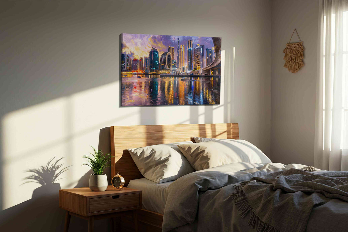 Neon Reflections of the City urban canvas print, displayed in a bedroom