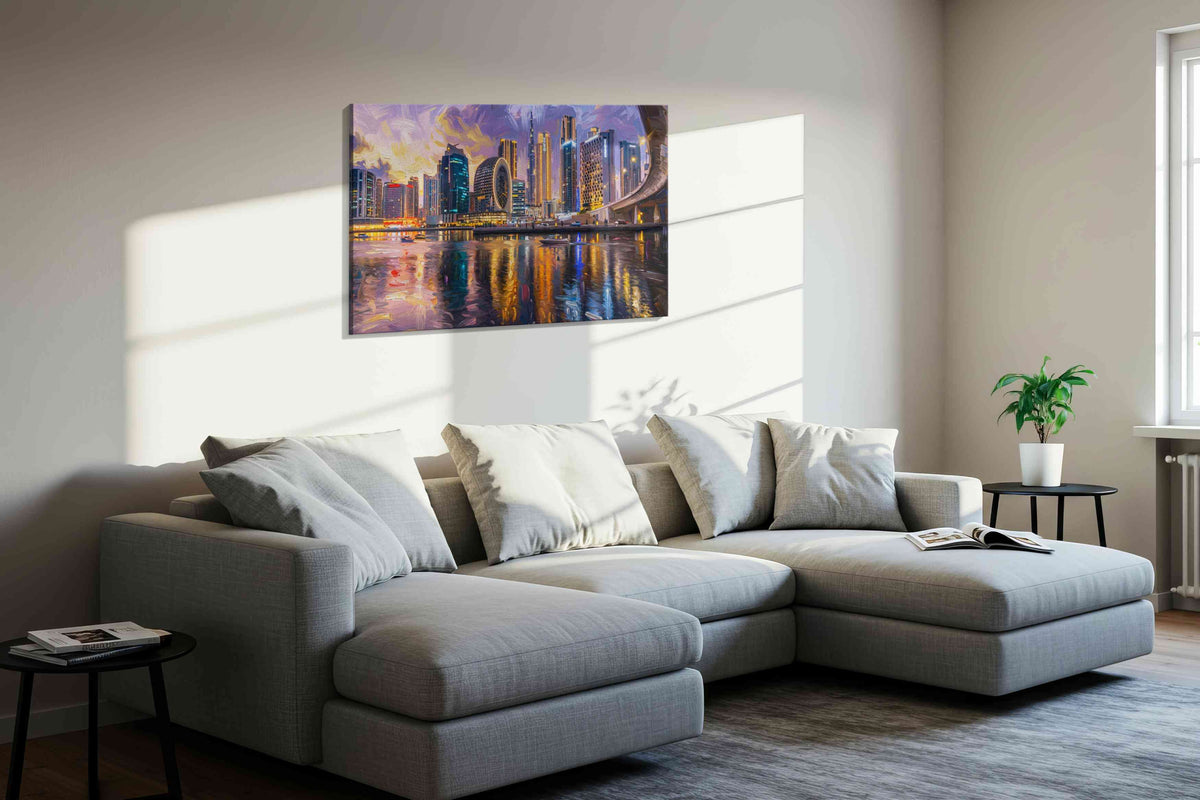 Neon Reflections of the City urban canvas print, displayed in a living room
