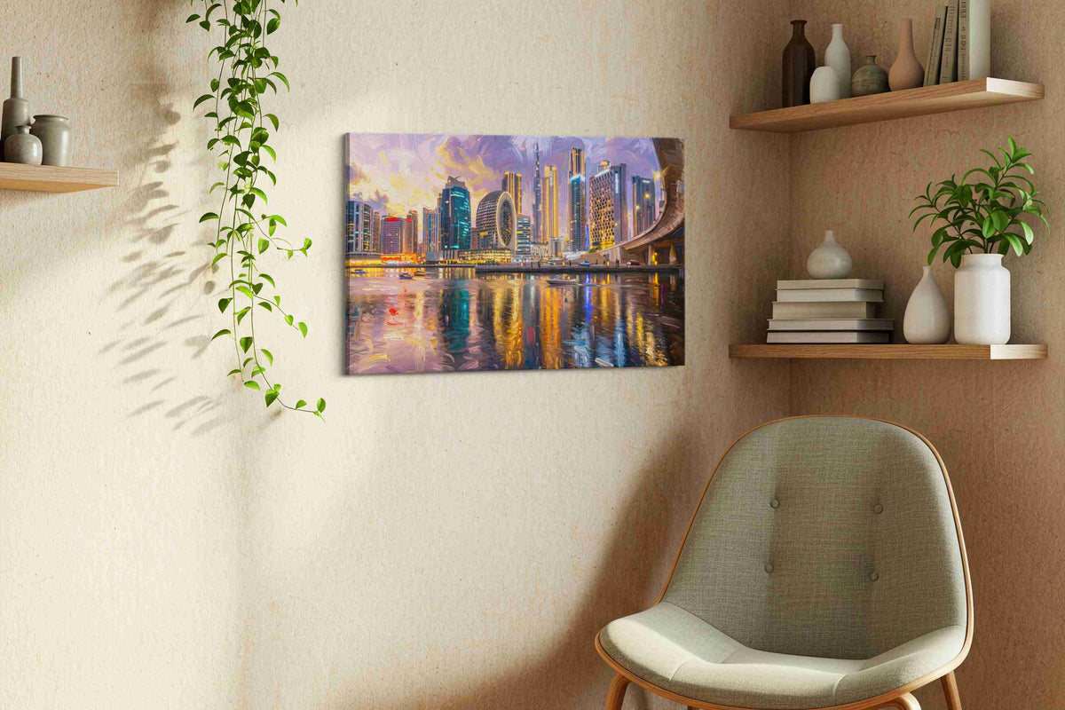 Neon Reflections of the City urban canvas print, hanging on wall — view 3