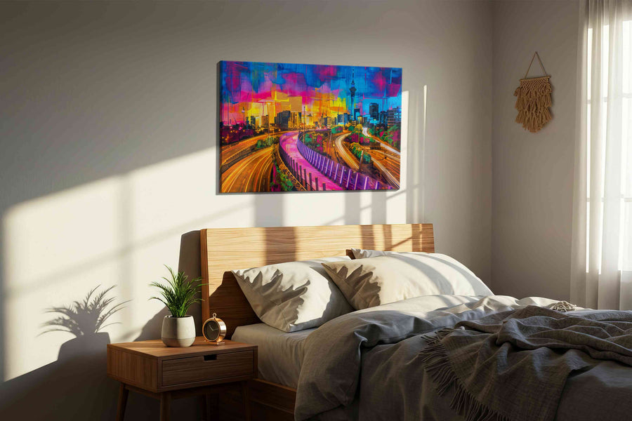 Neon Symphony modern canvas print, displayed in a bedroom