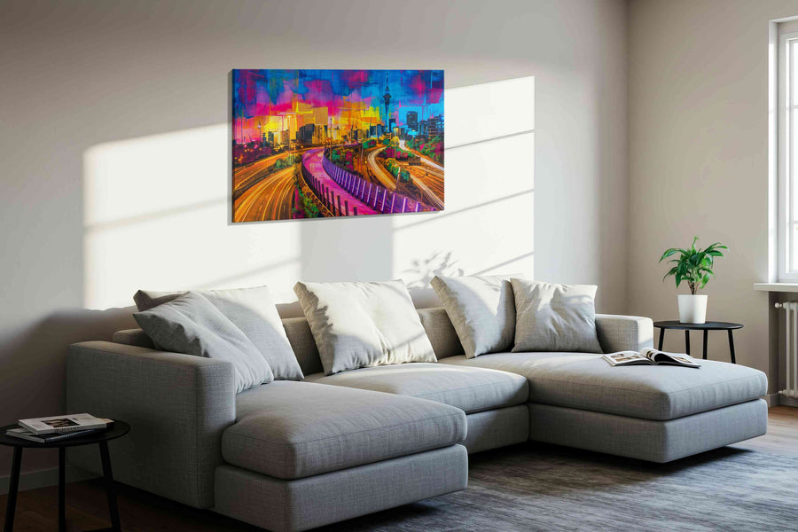 Neon Symphony modern canvas print in a living room scene