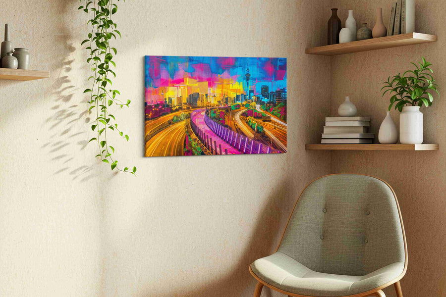Neon Symphony modern canvas print, displayed in a living room