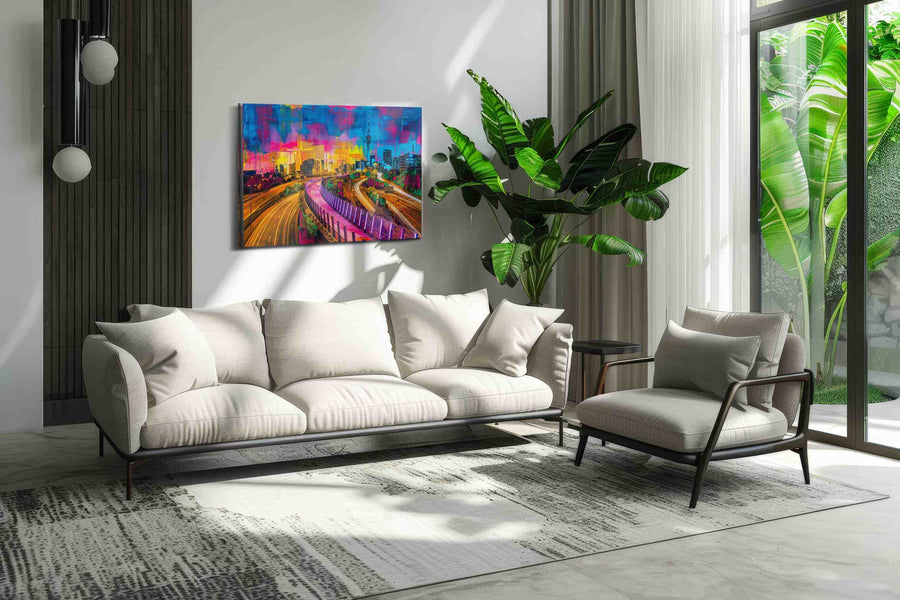 Neon Symphony modern canvas print, on wall, lifestyle preview