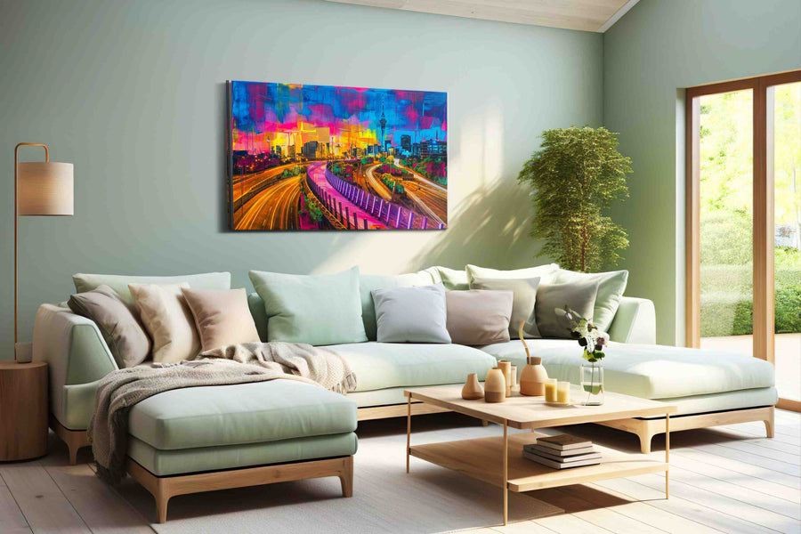 Neon Symphony modern canvas print, hanging on wall