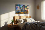 Sunlit City Palms landmarks canvas print, displayed in a bedroom