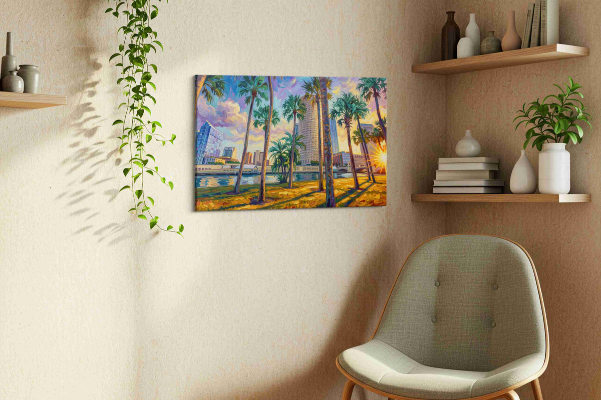 Sunlit City Palms landmarks canvas print, displayed in a living room