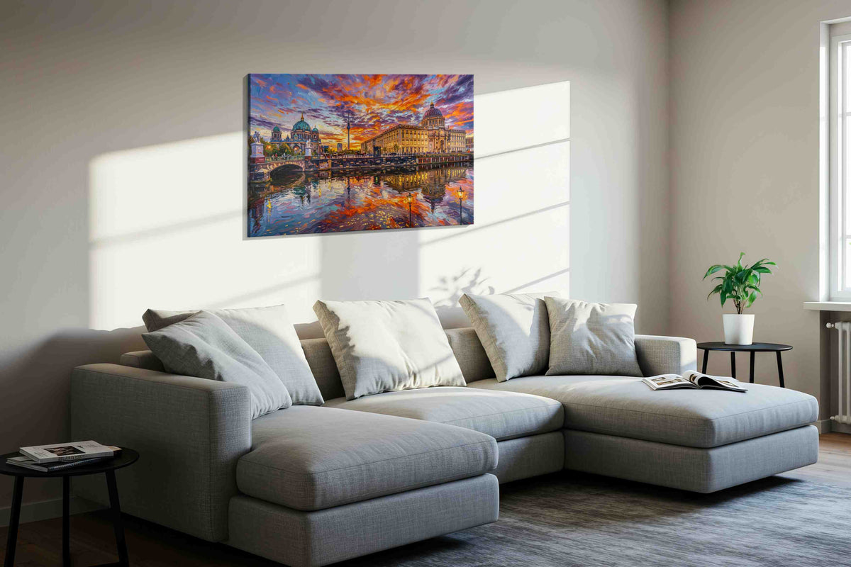 Sunset Symphony Over Berlin urban canvas print, displayed in a living room