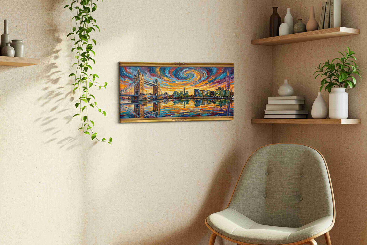 Swirling Skies Over London landmarks canvas print styled in a living room