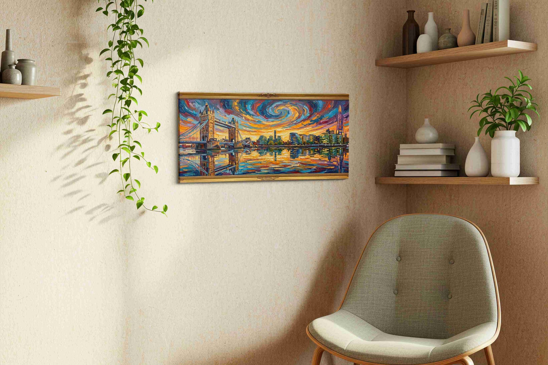 Swirling Skies Over London landmarks canvas print styled in a living room