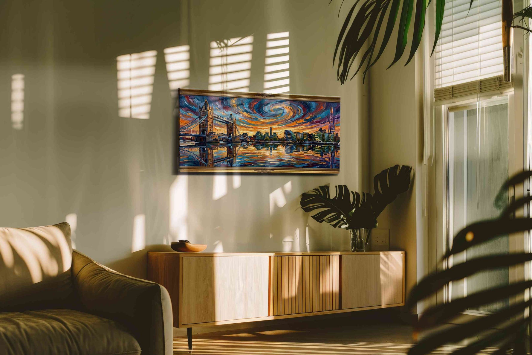 Swirling Skies Over London landmarks canvas print, hanging on wall