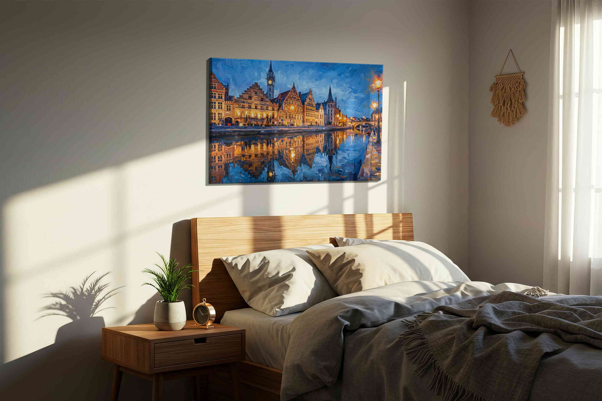 Twilight Reflections on Canal urban canvas print, displayed in a bedroom