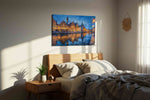 Twilight Reflections on Canal urban canvas print, displayed in a bedroom