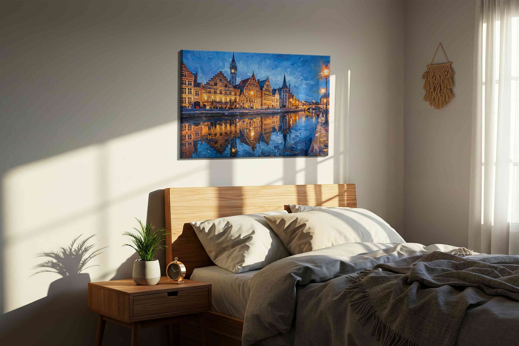 Twilight Reflections on Canal urban canvas print, displayed in a bedroom