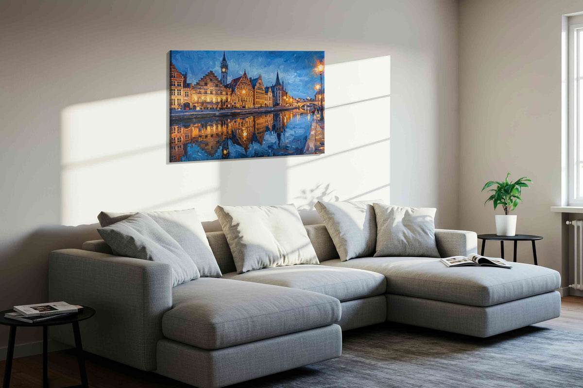 Twilight Reflections on Canal urban canvas print, displayed in a living room