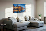 Twilight Reflections on Canal urban canvas print, displayed in a living room