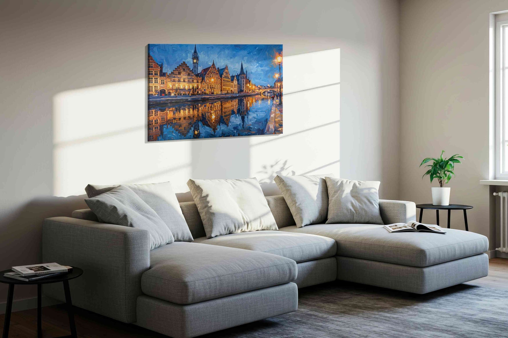 Twilight Reflections on Canal urban canvas print, displayed in a living room