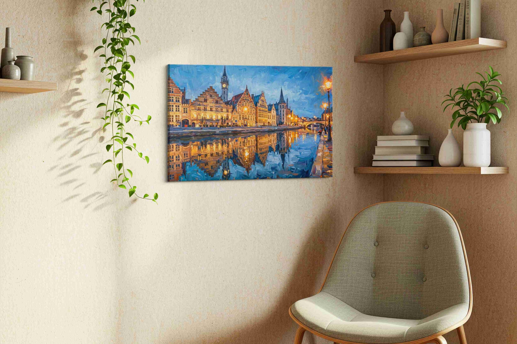 Twilight Reflections on Canal urban canvas print, hanging on wall — view 3