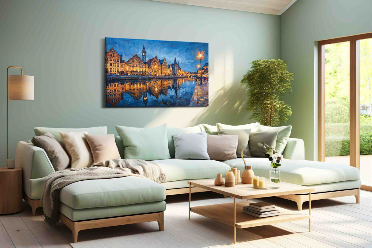 Twilight Reflections on Canal urban canvas print, hanging on wall