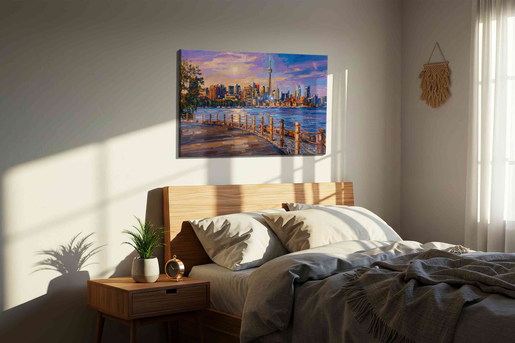 Twilight Skyline Reverie landmarks canvas print, displayed in a bedroom