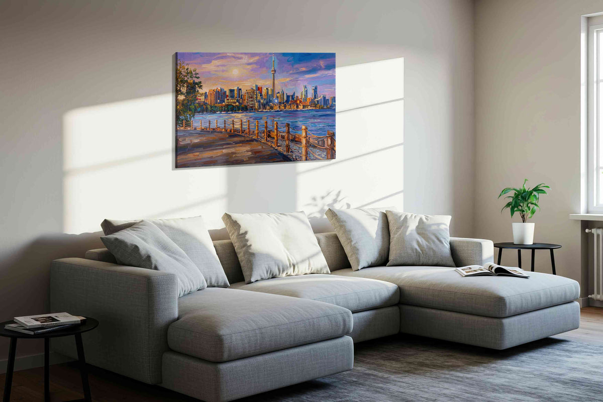 Twilight Skyline Reverie landmarks canvas print, displayed in a living room