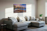Twilight Skyline Reverie landmarks canvas print, displayed in a living room