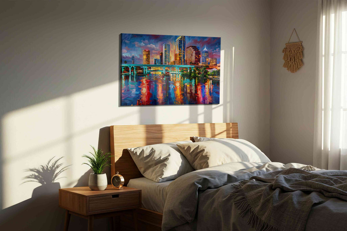 Twilight Symphony Skyline landmarks canvas print, displayed in a bedroom