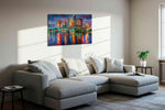 Twilight Symphony Skyline landmarks canvas print, displayed in a living room
