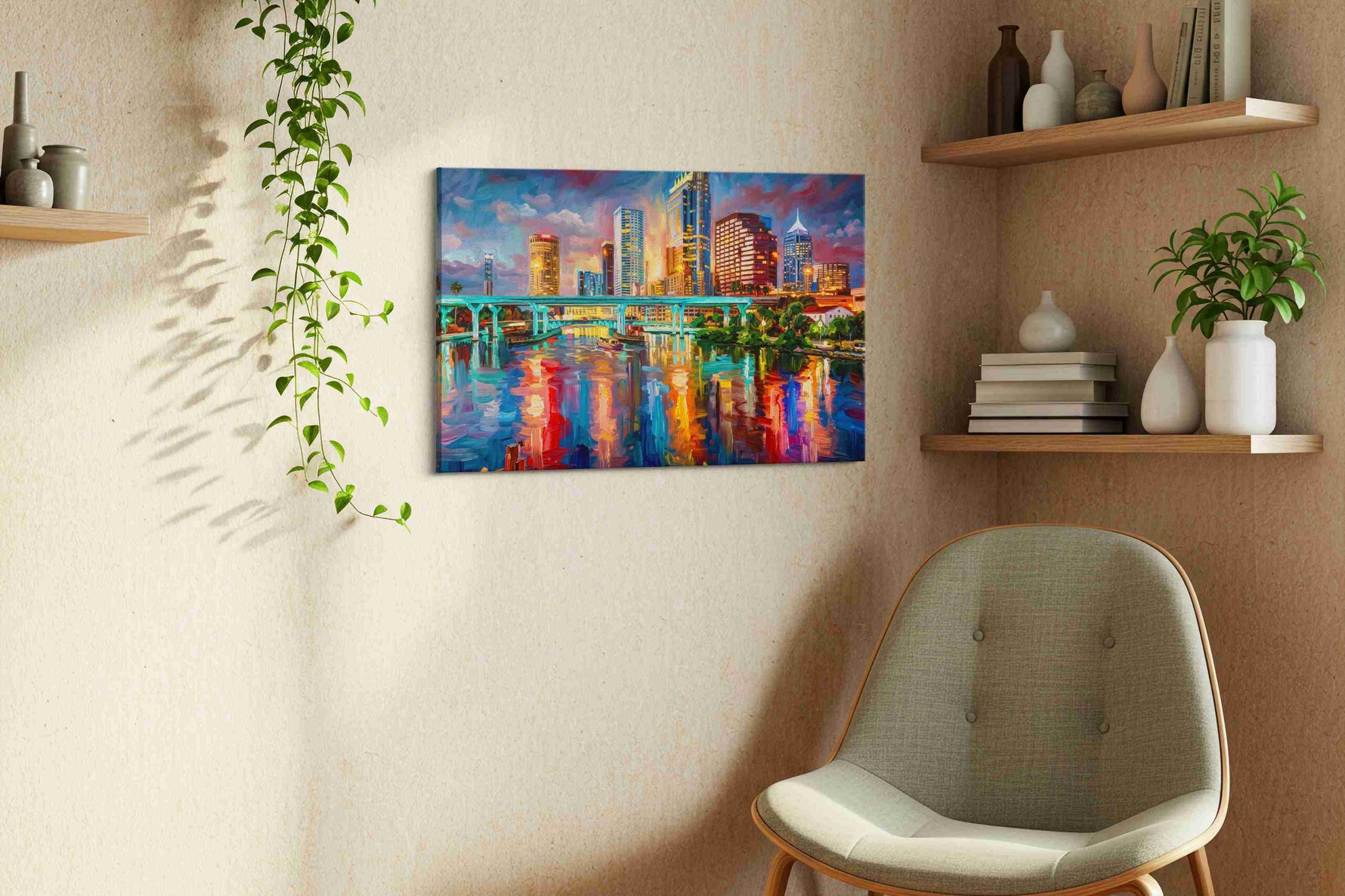Twilight Symphony Skyline landmarks canvas print styled in a living room