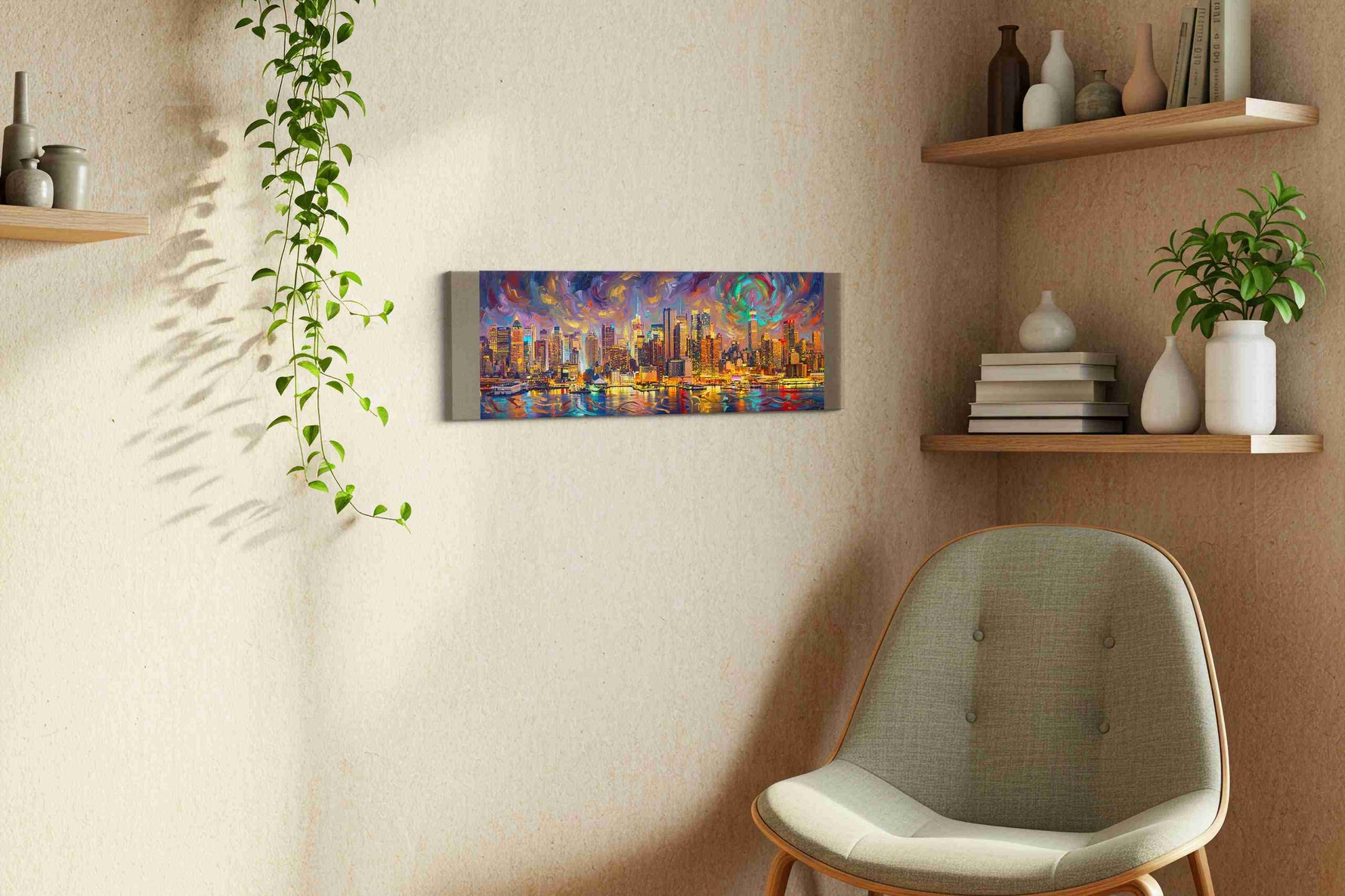 Vibrant City Skies landmarks canvas print, displayed in a living room
