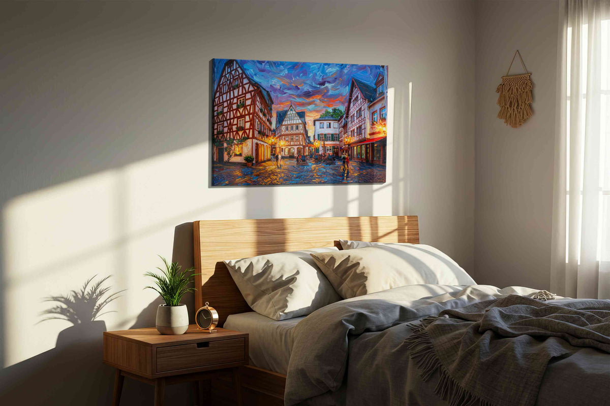 Whispers of Time in Old Town urban canvas print, displayed in a bedroom