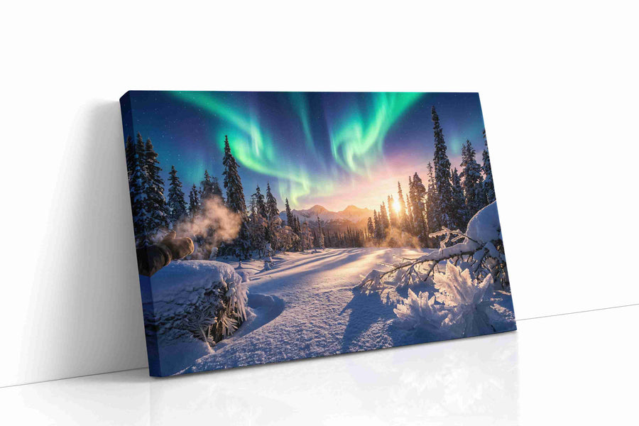 Aurora's Winter Embrace winter canvas print gallery-wrapped landscape canvas studio shot