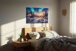Aurora's Winter Embrace winter canvas print, displayed in a bedroom