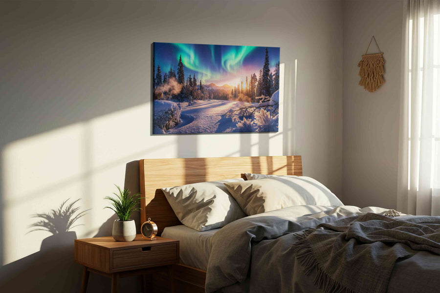 Aurora's Winter Embrace winter canvas print, displayed in a bedroom