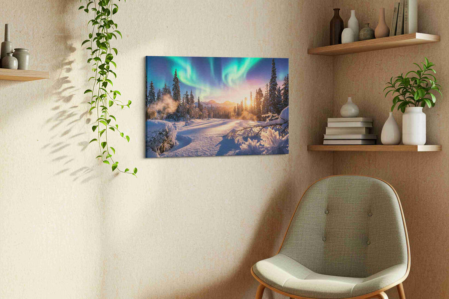 Aurora's Winter Embrace winter canvas print, displayed in a living room