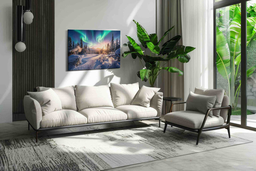 Aurora's Winter Embrace winter canvas print, on wall, lifestyle preview