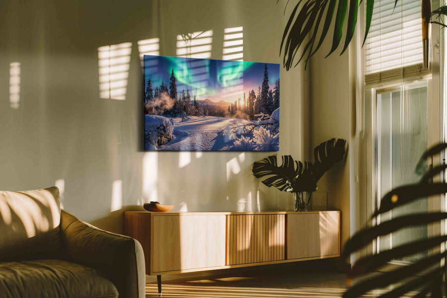 Aurora's Winter Embrace winter canvas print in a hung canvas mockup