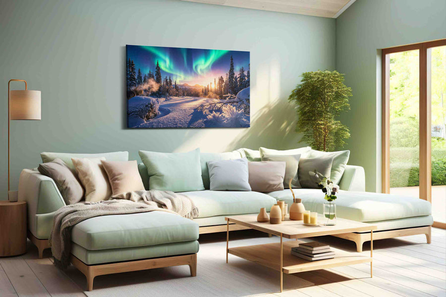 Aurora's Winter Embrace winter canvas print, hanging on wall