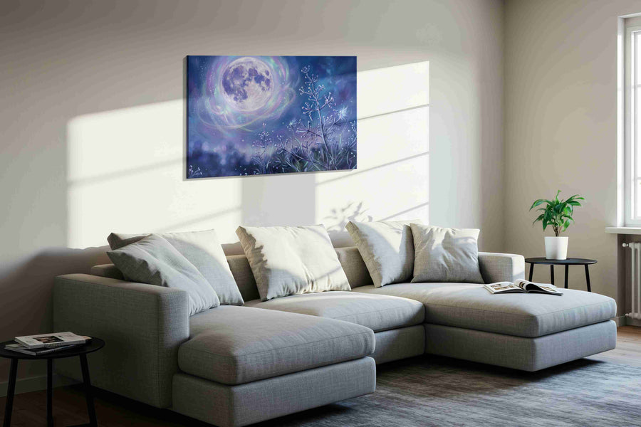 Lunar Whispers in Winter fantasy canvas print, displayed in a living room