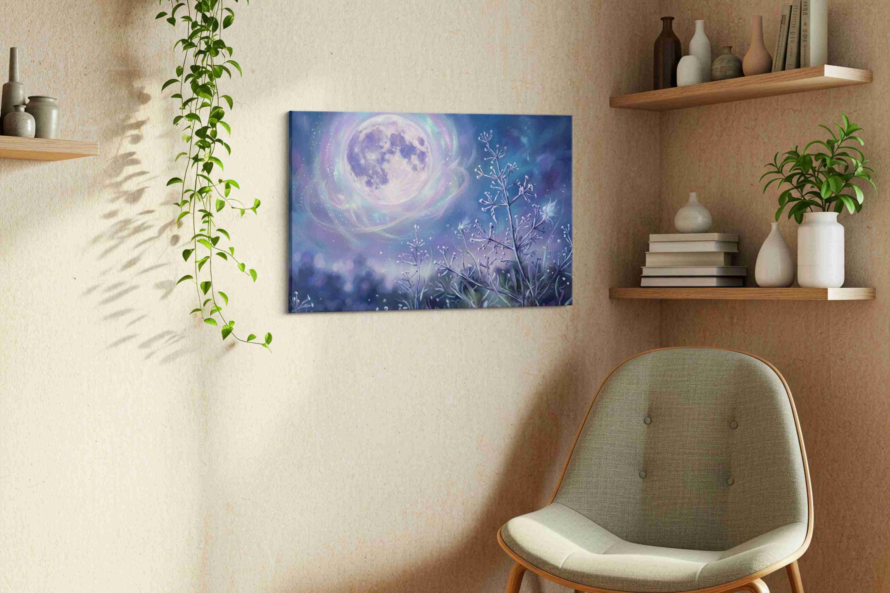 Lunar Whispers in Winter fantasy canvas print styled in a living room