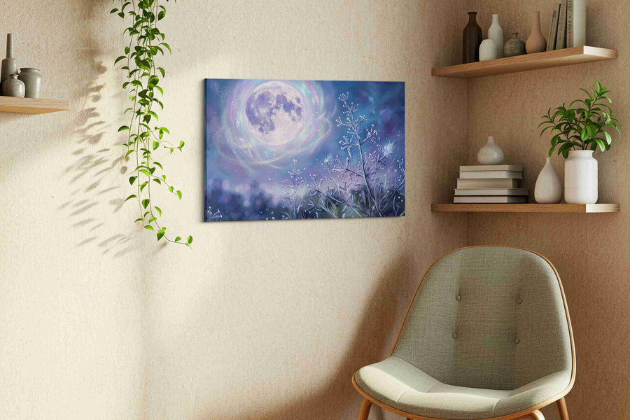 Lunar Whispers in Winter fantasy canvas print styled in a living room