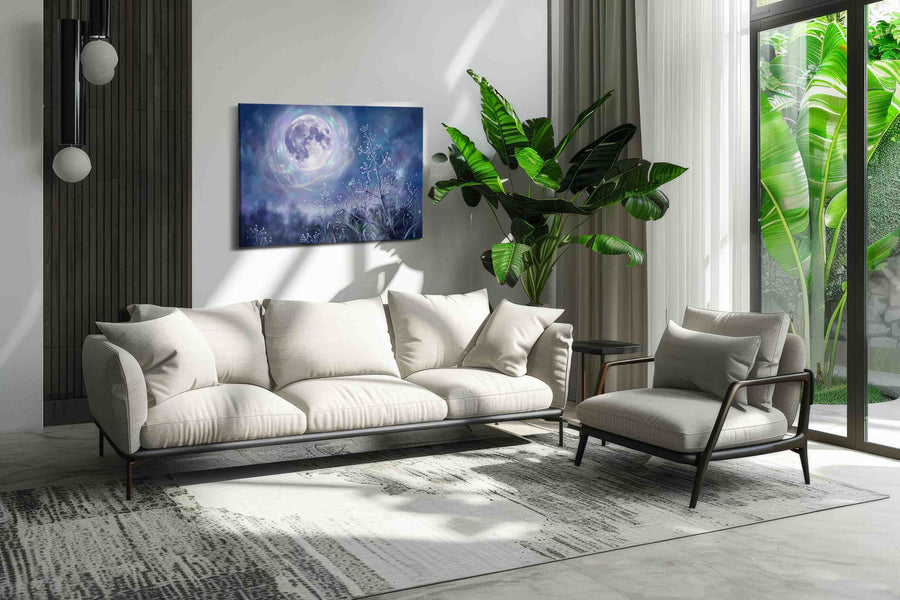 Lunar Whispers in Winter fantasy canvas print, on wall, lifestyle preview