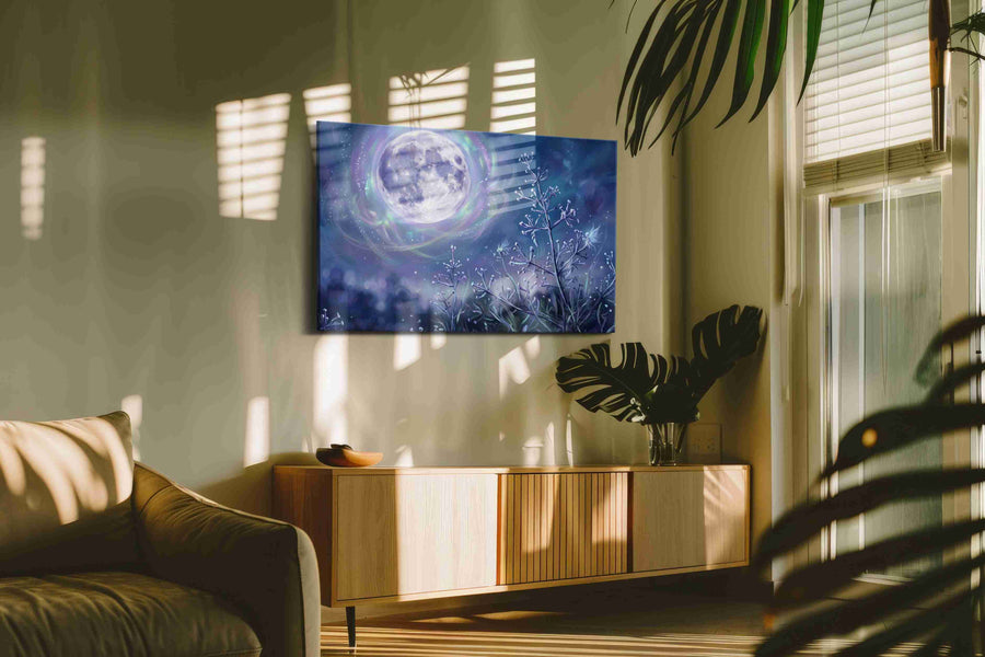 Lunar Whispers in Winter fantasy canvas print in a hung canvas mockup
