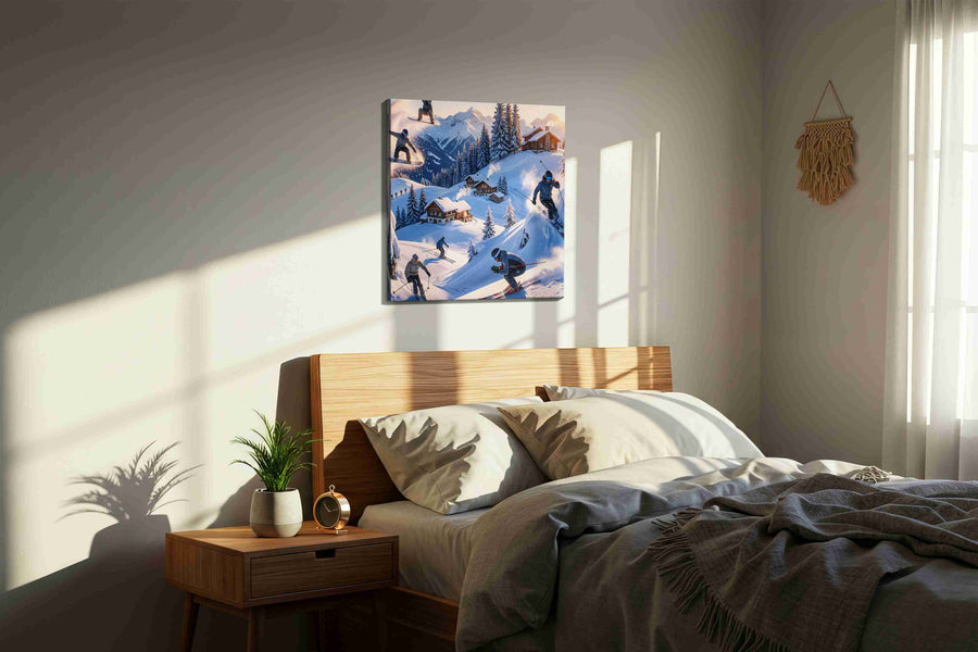 Winter Thrill Ride winter canvas print, displayed in a bedroom