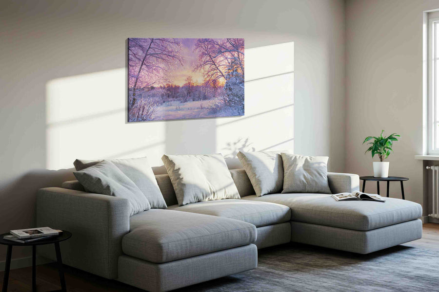 Winter's Tranquil Embrace winter canvas print in a living room scene
