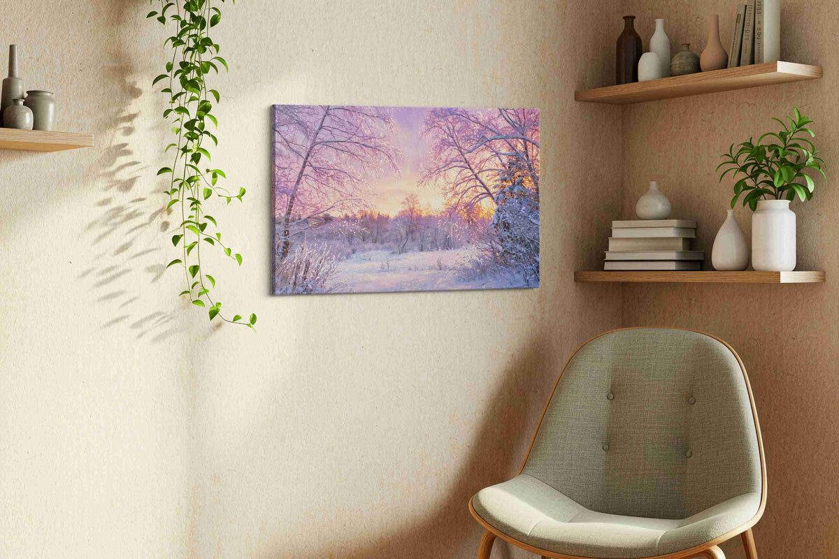 Winter's Tranquil Embrace winter canvas print, displayed in a living room