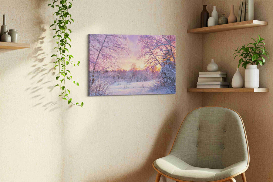 Winter's Tranquil Embrace winter canvas print, displayed in a living room