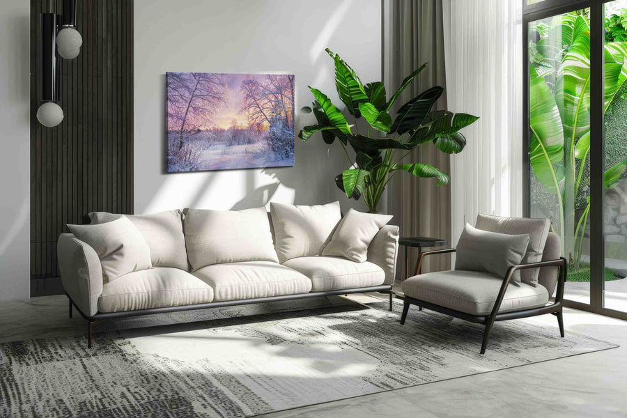 Winter's Tranquil Embrace winter canvas print in a hung canvas mockup