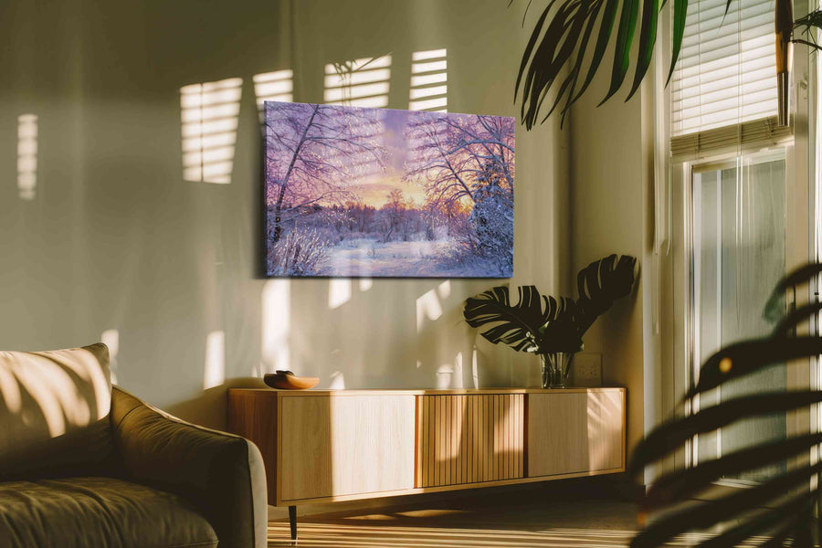 Winter's Tranquil Embrace winter canvas print, on wall, lifestyle preview