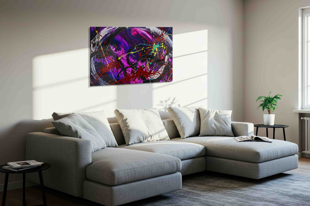Celestial Chaos Symphony abstract canvas print, displayed in a living room
