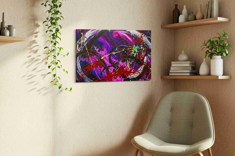 Celestial Chaos Symphony abstract canvas print styled in a living room